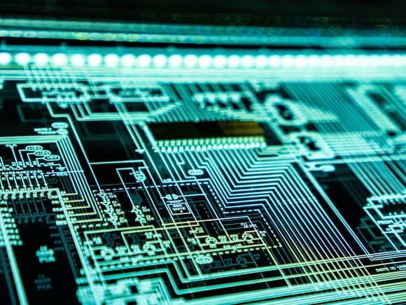 Macro close-up of an illuminated circuit board