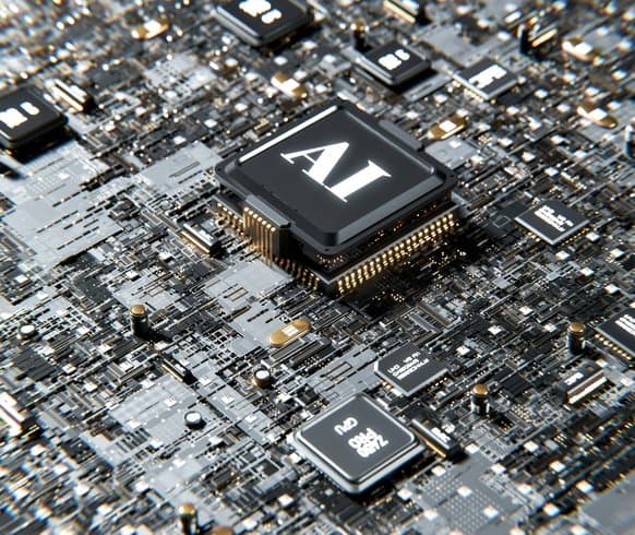 Close-up of an AI processor chip on a circuit board